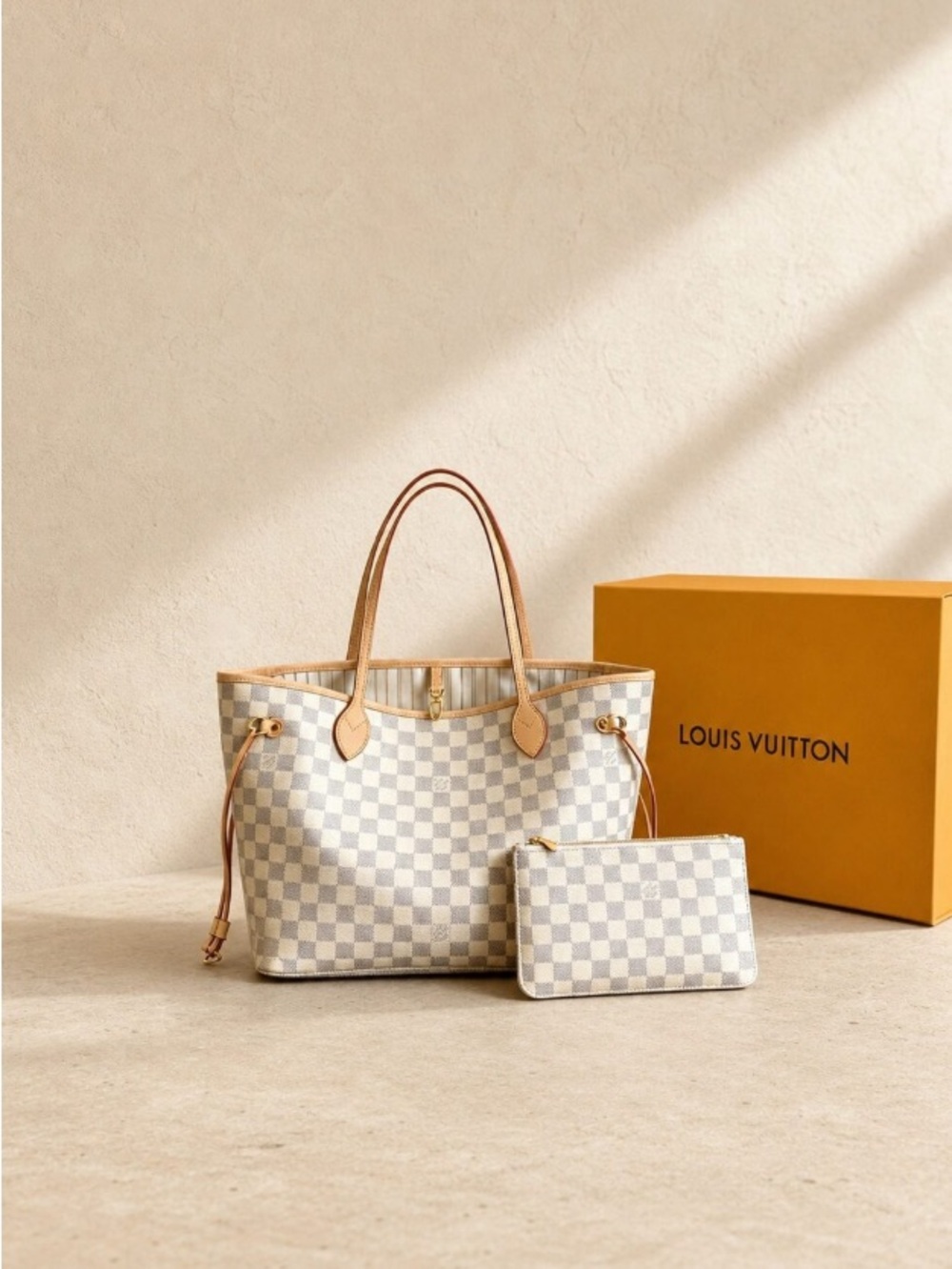 Louis Vuitton Damier Azur Neverfull MM Tote in White and Tan